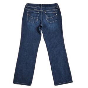 Chico's So Slimming Jeans Small Short Dark Denim Gold Stitching Studded Pockets